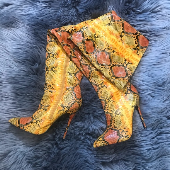 Shoes - WORN ONCE orange snakeskin thigh high boots sz 9